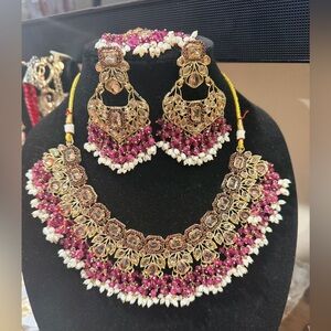 Pakistani Indian Desi Pink/ maroon Beaded Statement Necklace & Earring/ Tika